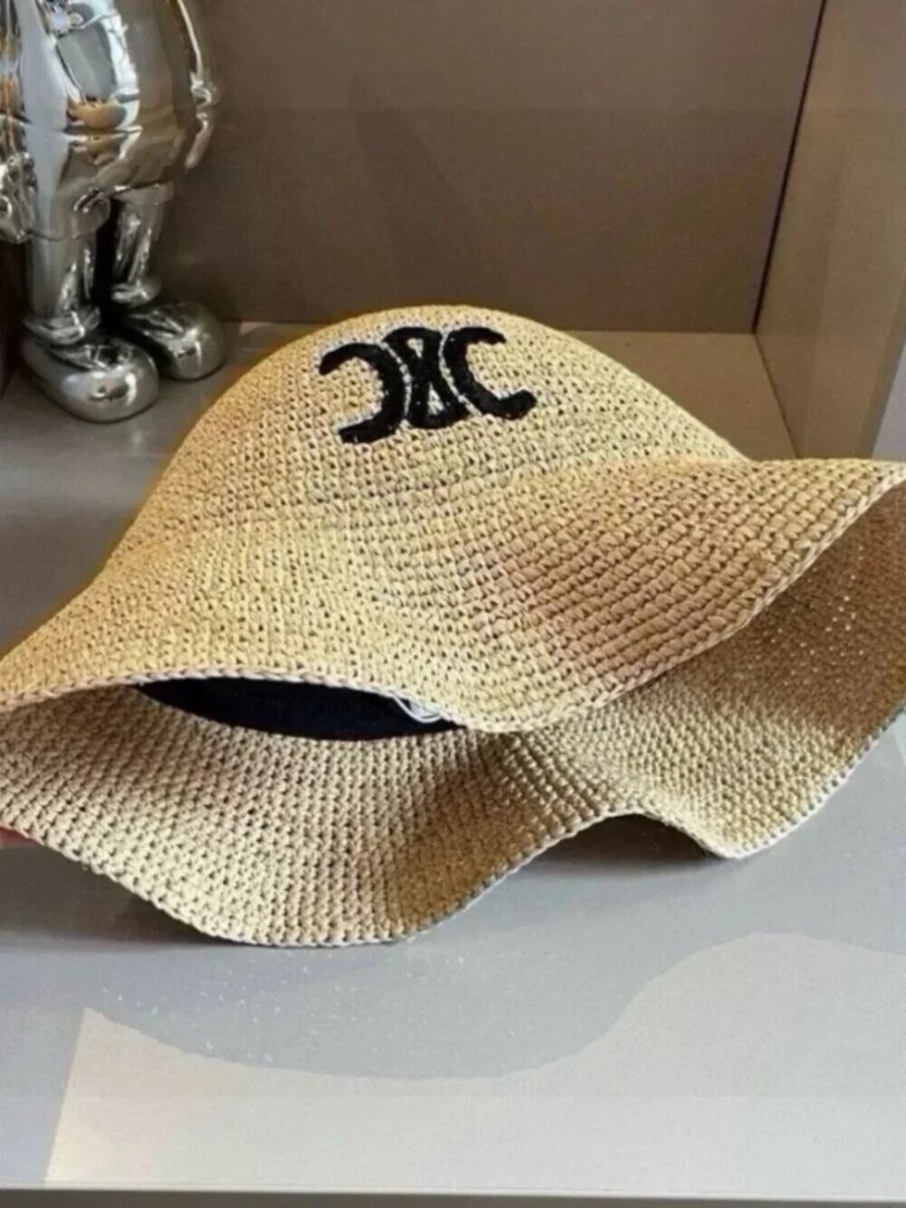 Celine Tan Woven Hat with Black Logo - Picture 6 of 6